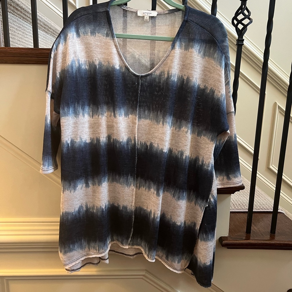 Umgee Navy Cream Striped  Top tunic lightweight sweater oversized small